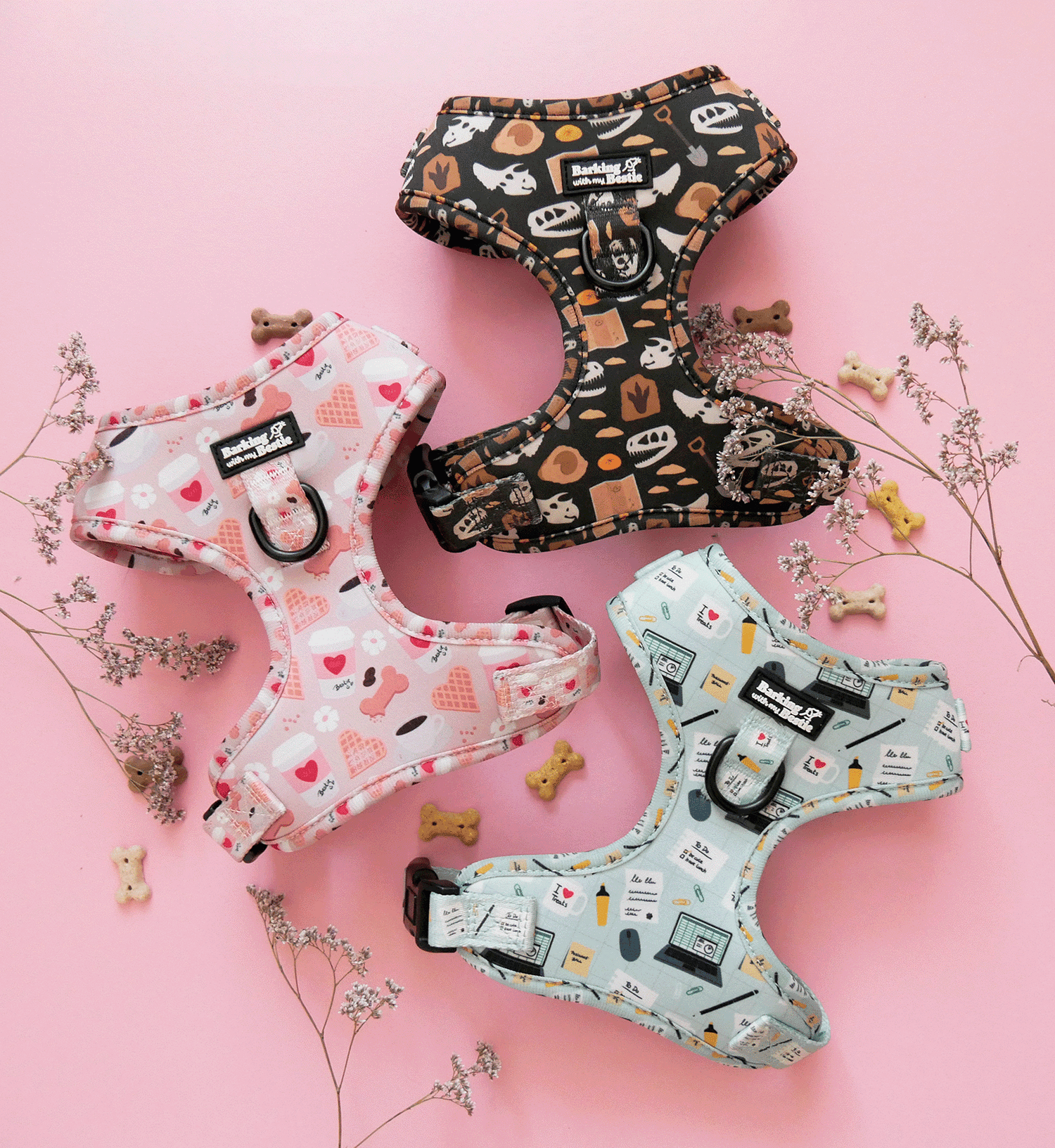 Die 3 ersten Geschirre von Barking with my Bestie. Brustgeschirre für kleine Hunde in ausgefallenen Designs
